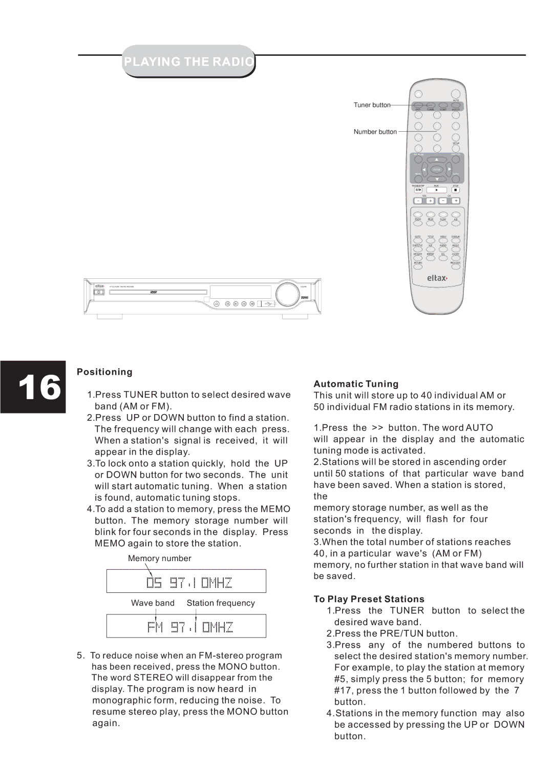 Eltax HT-153 instruction manual Playing the Radio, Positioning, Automatic Tuning, To Play Preset Stations 