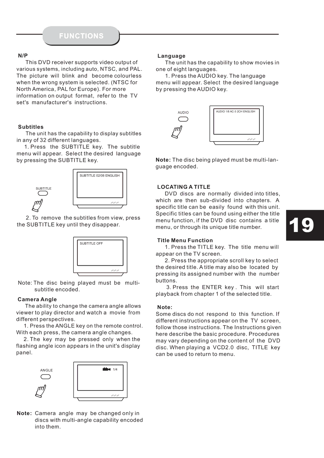 Eltax HT-153 instruction manual Subtitles, Camera Angle, Language, Locating a Title, Title Menu Function 