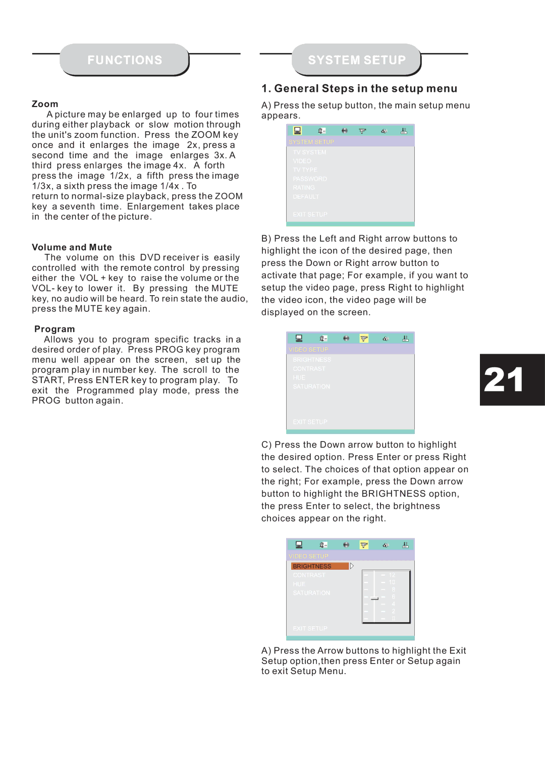 Eltax HT-153 instruction manual Functions System Setup, Zoom, Volume and Mute, Program 