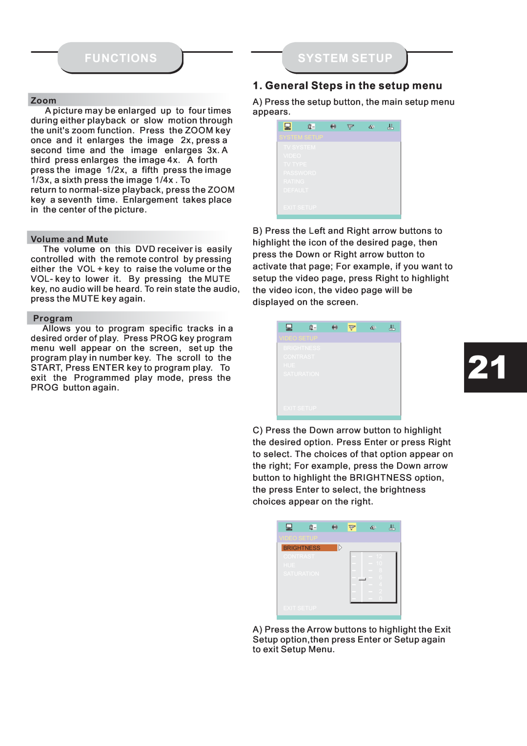 Eltax HT-153 instruction manual System Setup, General Steps in the setup menu, Zoom, Volume and Mute, Program, Functions 