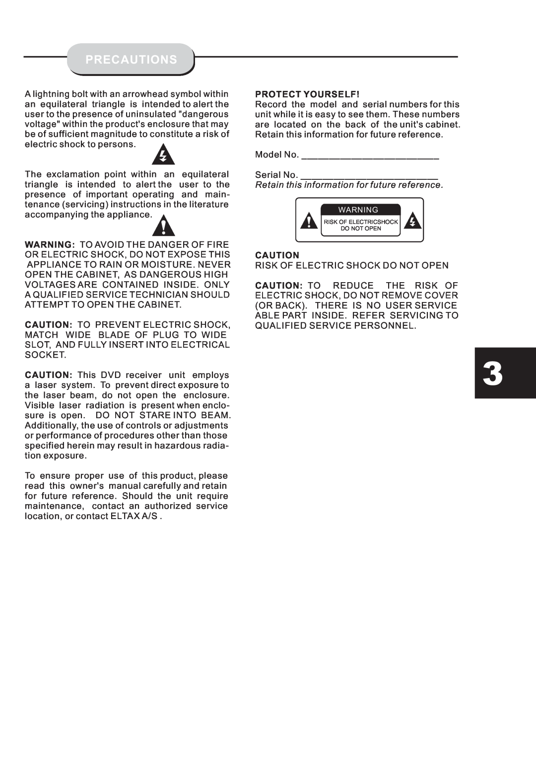 Eltax HT-153 instruction manual Precautions, Protect Yourself, Retain this information for future reference 