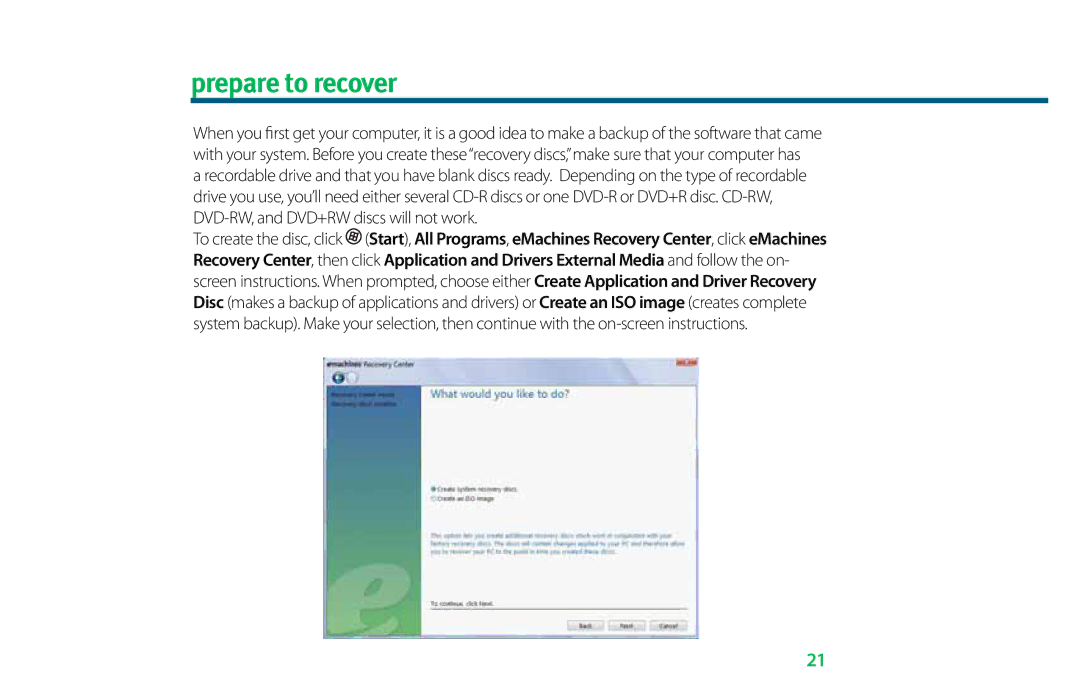 eMachines 8513036 manual Prepare to recover 