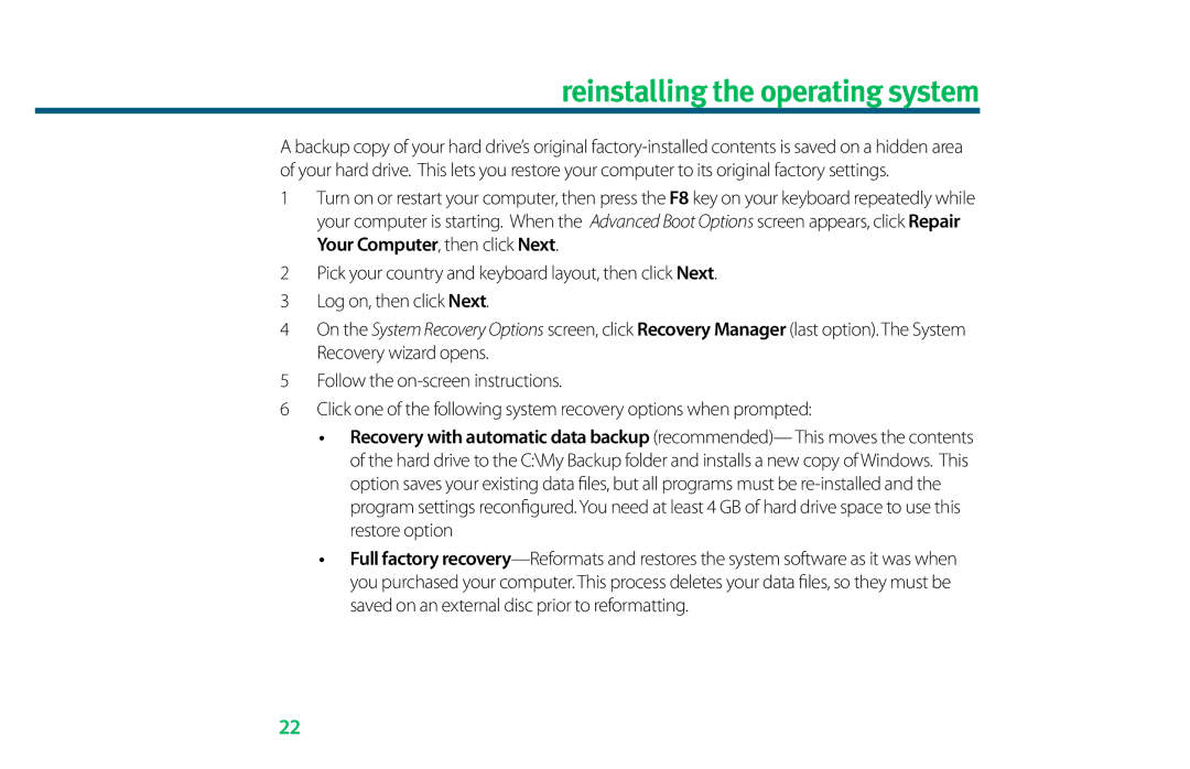 eMachines 8513036 manual Reinstalling the operating system 