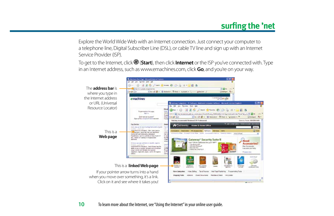 eMachines 8513036R manual Surfing the ’net, This is a, Click on it and see where it takes you 