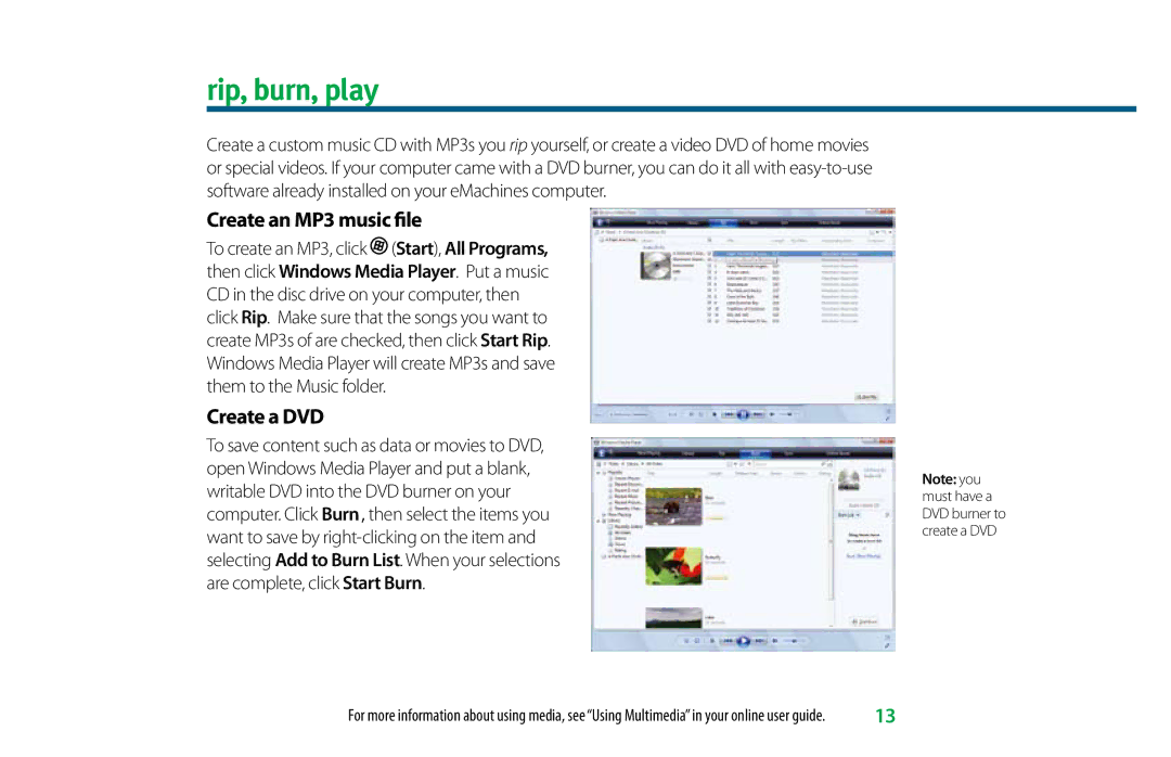 eMachines 8513036R manual Rip, burn, play, Create an MP3 music file, Create a DVD 