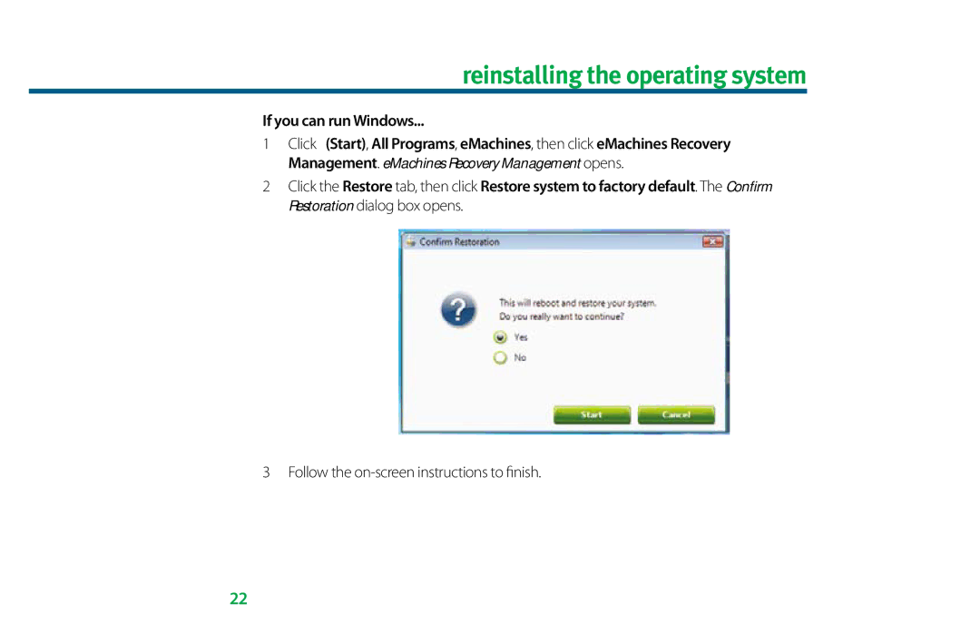 eMachines 8513036R manual Reinstalling the operating system, If you can run Windows 