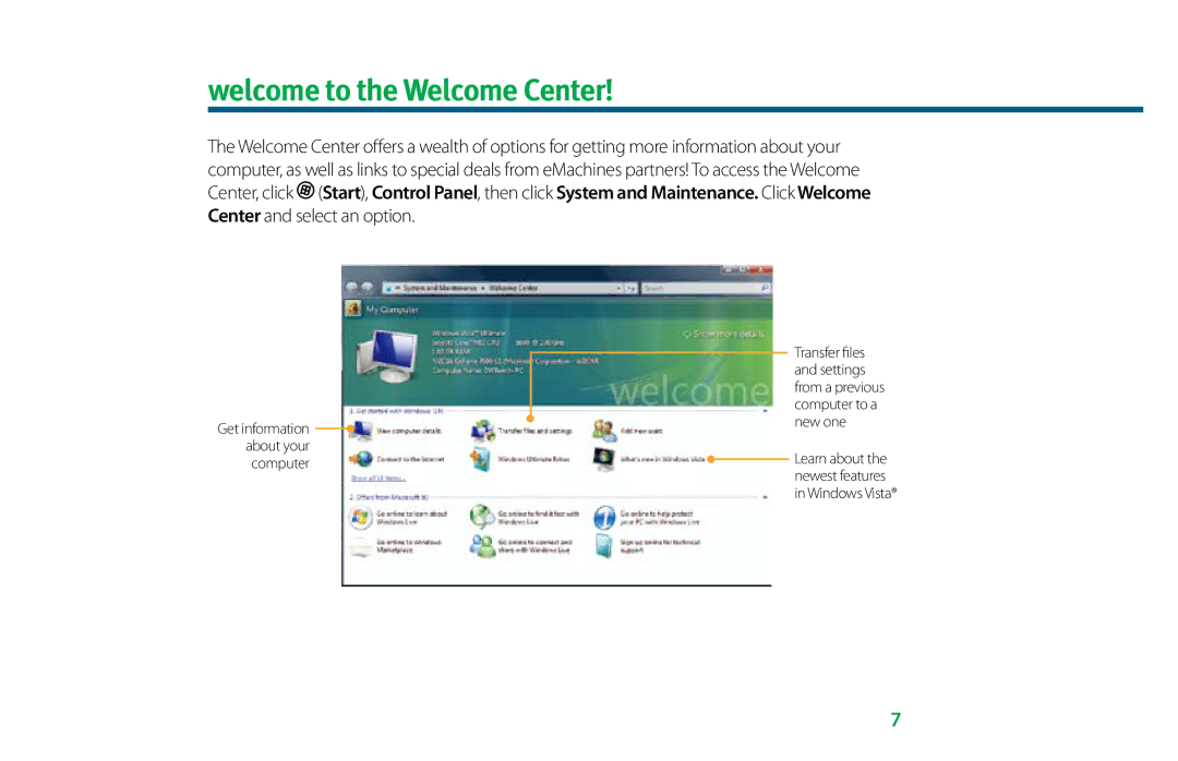 eMachines 8513036R manual Welcome to the Welcome Center, Get information about your computer 