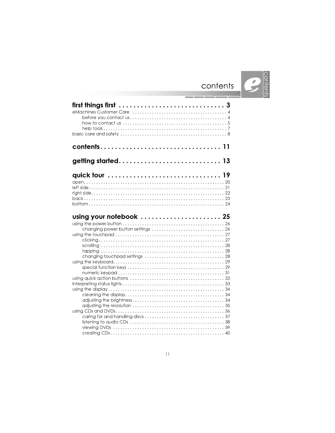 eMachines AAFW53700001K0 manual Contents 