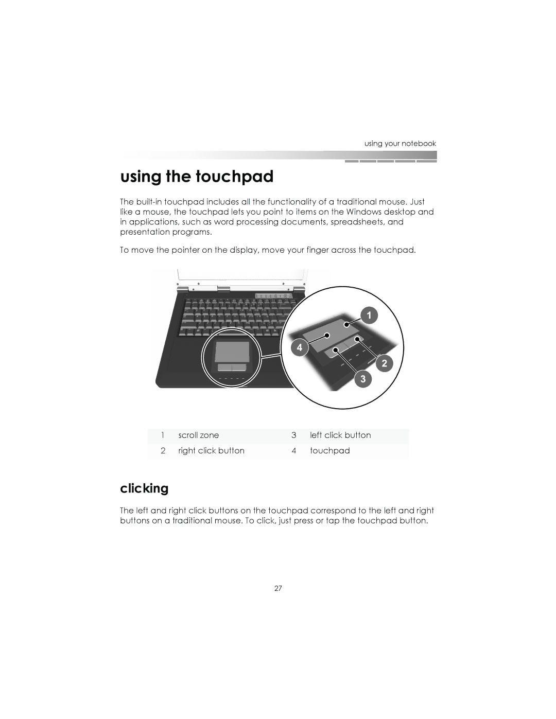 eMachines AAFW53700001K0 manual Using the touchpad, Clicking 