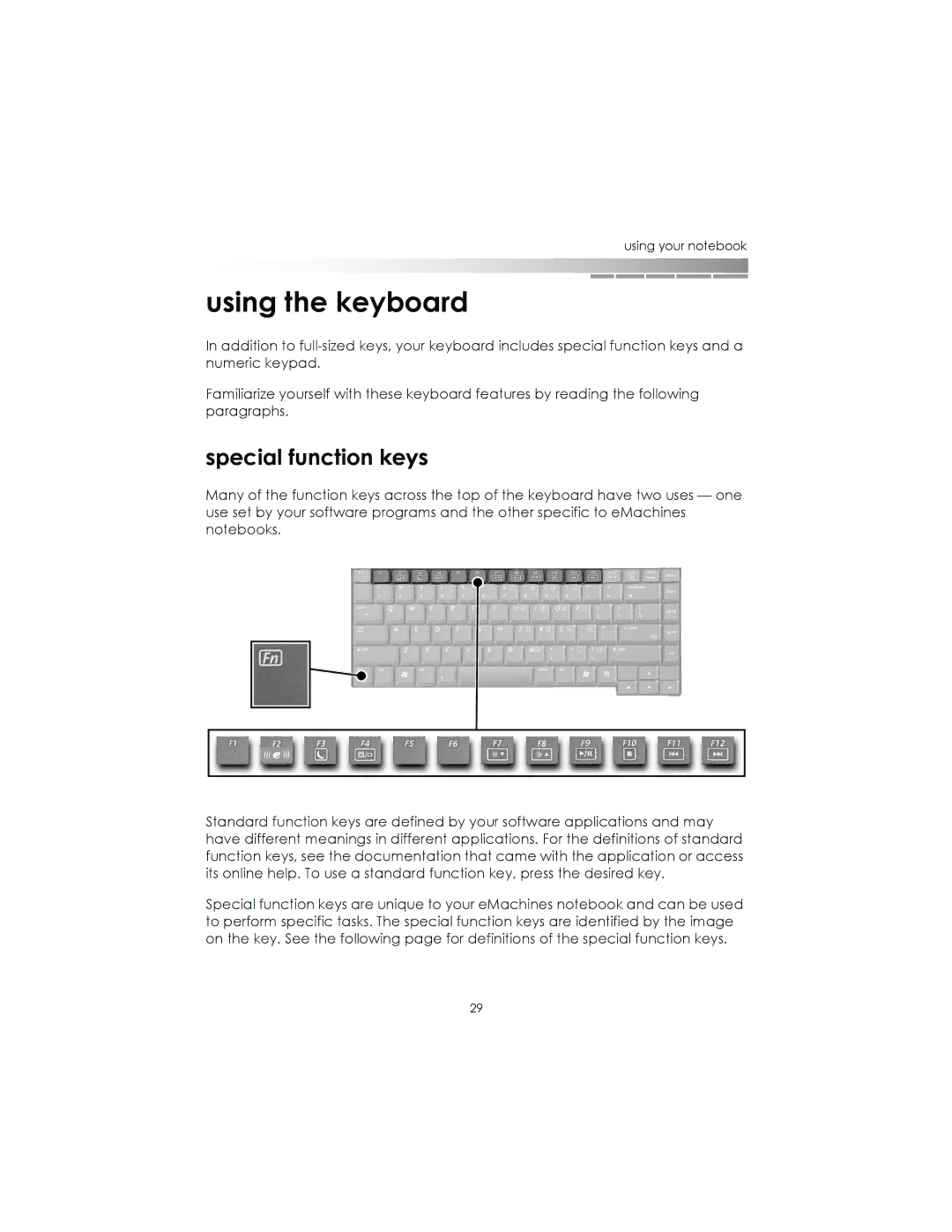 eMachines AAFW53700001K0 manual Using the keyboard, Special function keys 