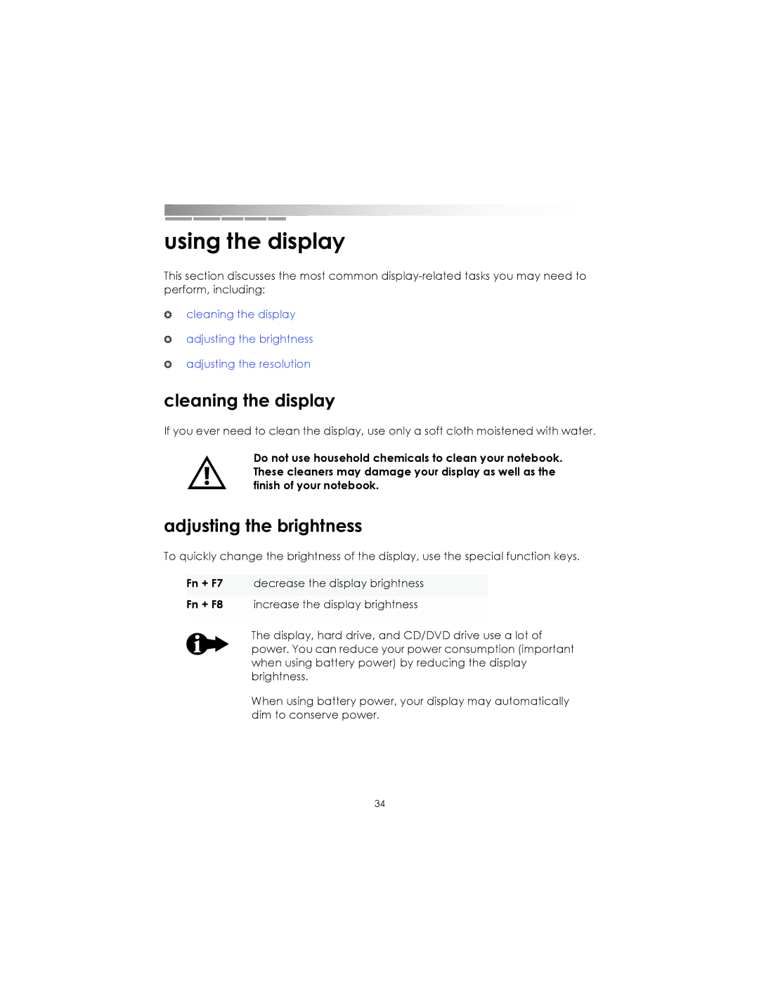 eMachines AAFW53700001K0 manual Using the display, Cleaning the display, Adjusting the brightness 