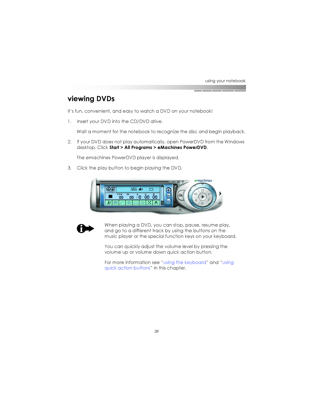 eMachines AAFW53700001K0 manual Viewing DVDs 