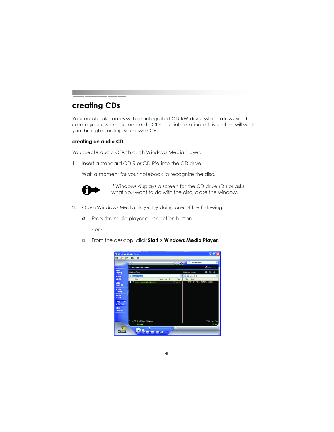 eMachines AAFW53700001K0 manual Creating CDs, Creating an audio CD, From the desktop, click Start Windows Media Player 