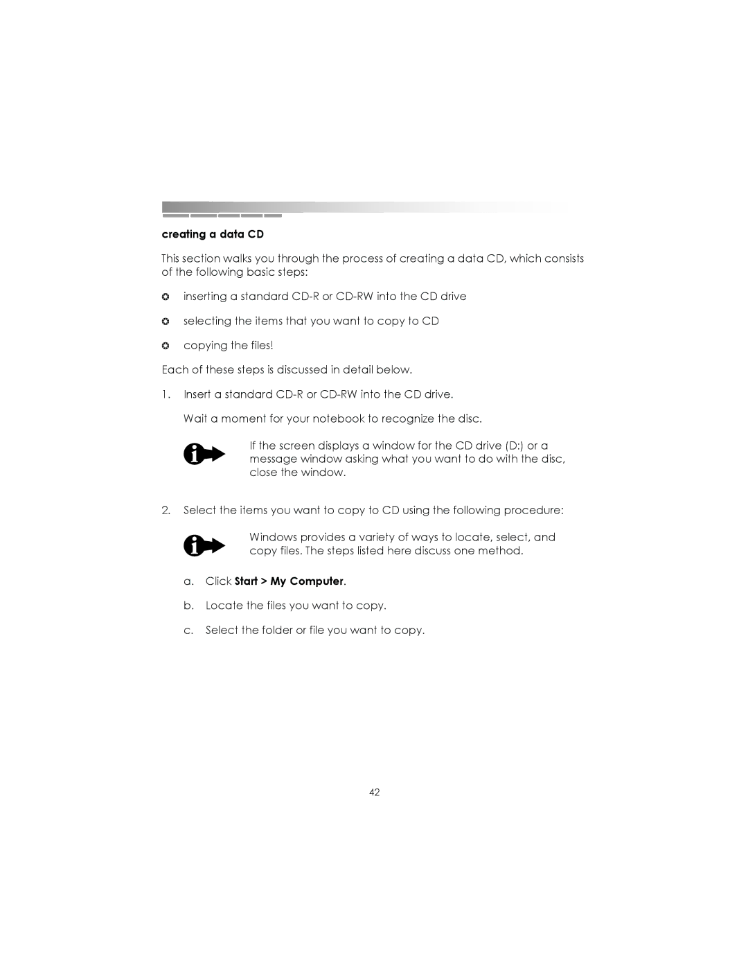 eMachines AAFW53700001K0 manual Creating a data CD, Click Start My Computer 