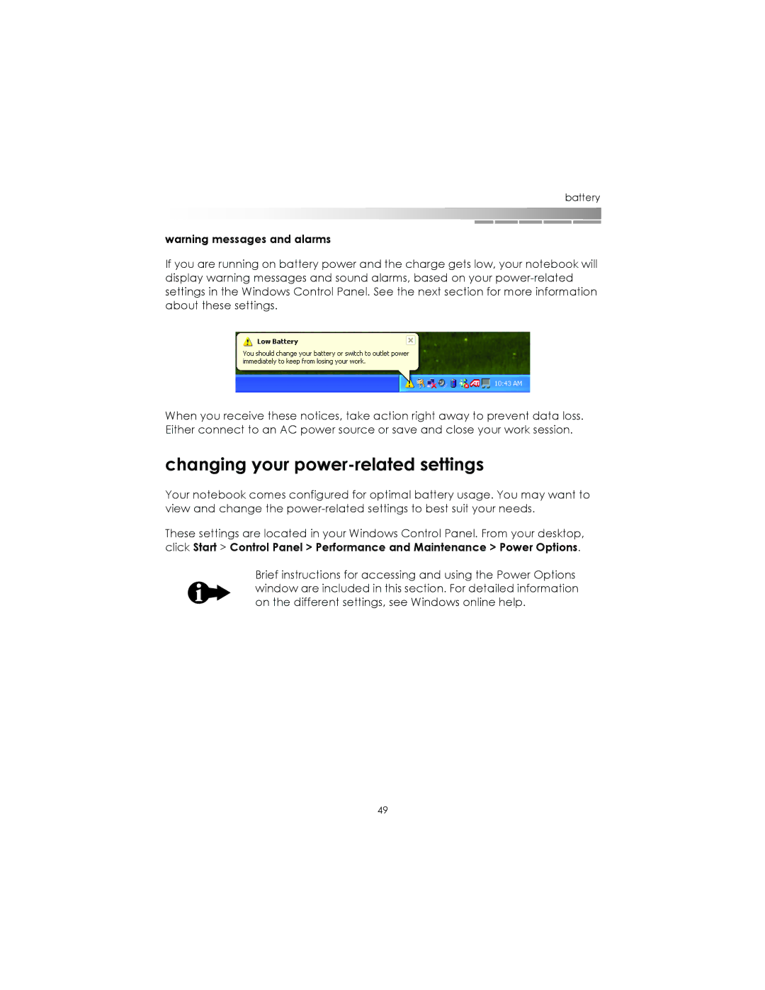 eMachines AAFW53700001K0 manual Changing your power-related settings 