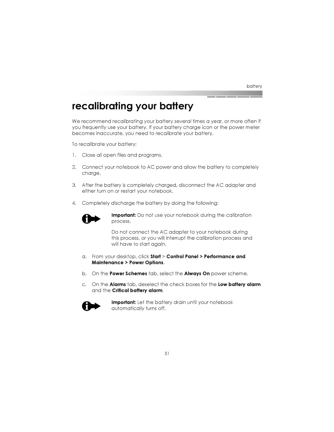 eMachines AAFW53700001K0 manual Recalibrating your battery 