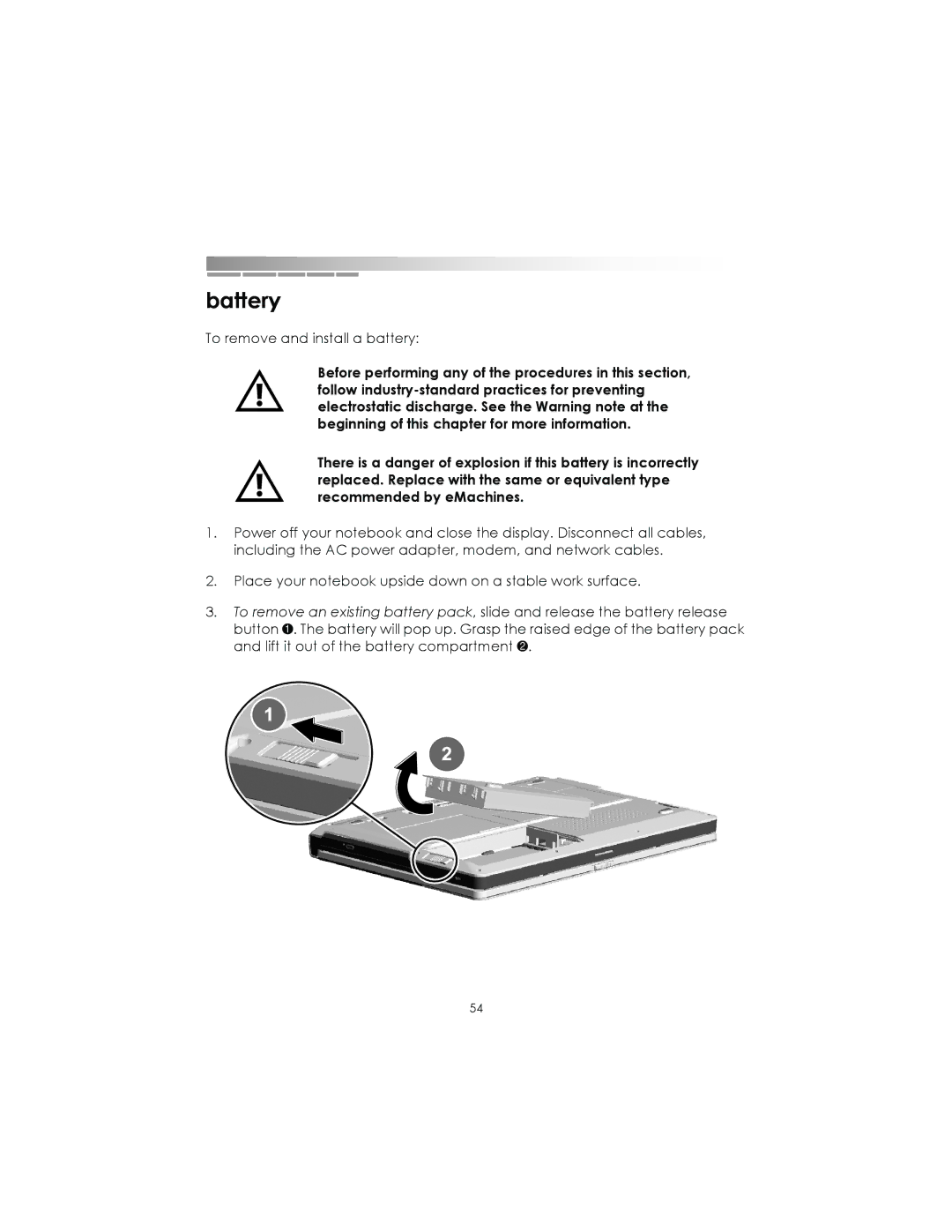 eMachines AAFW53700001K0 manual Battery 