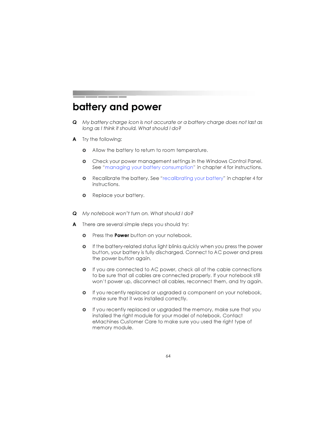 eMachines AAFW53700001K0 manual Battery and power, My notebook won’t turn on. What should I do? 