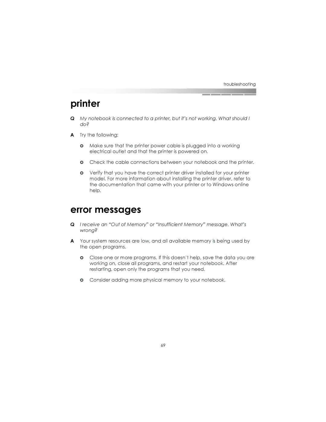 eMachines AAFW53700001K0 manual Printer, Error messages 