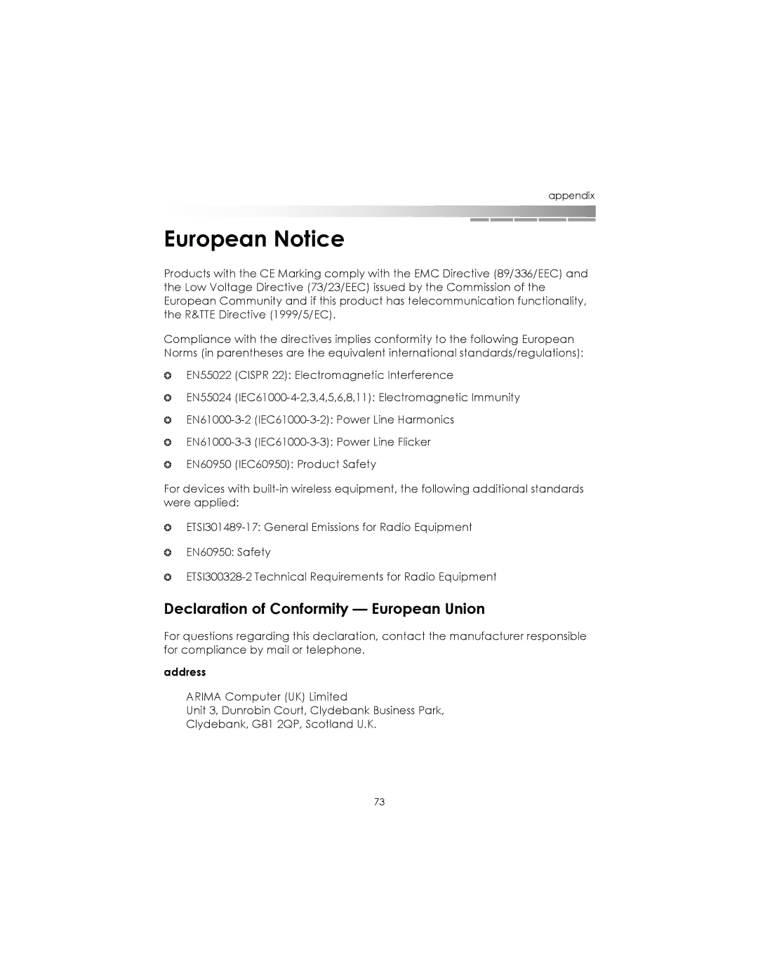 eMachines AAFW53700001K0 manual European Notice, Declaration of Conformity European Union 