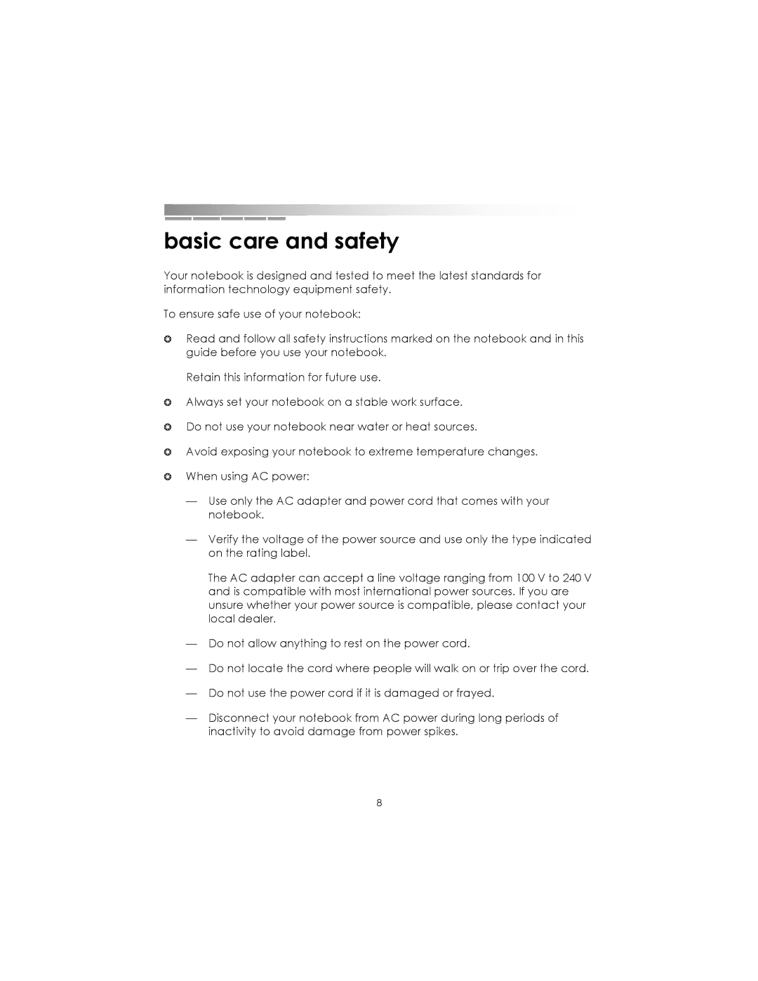 eMachines AAFW53700001K0 manual Basic care and safety 