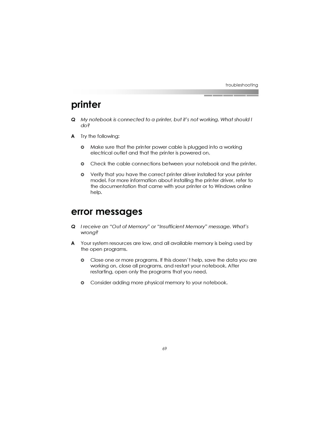 eMachines AAFW53700001K0 manual printer, error messages 