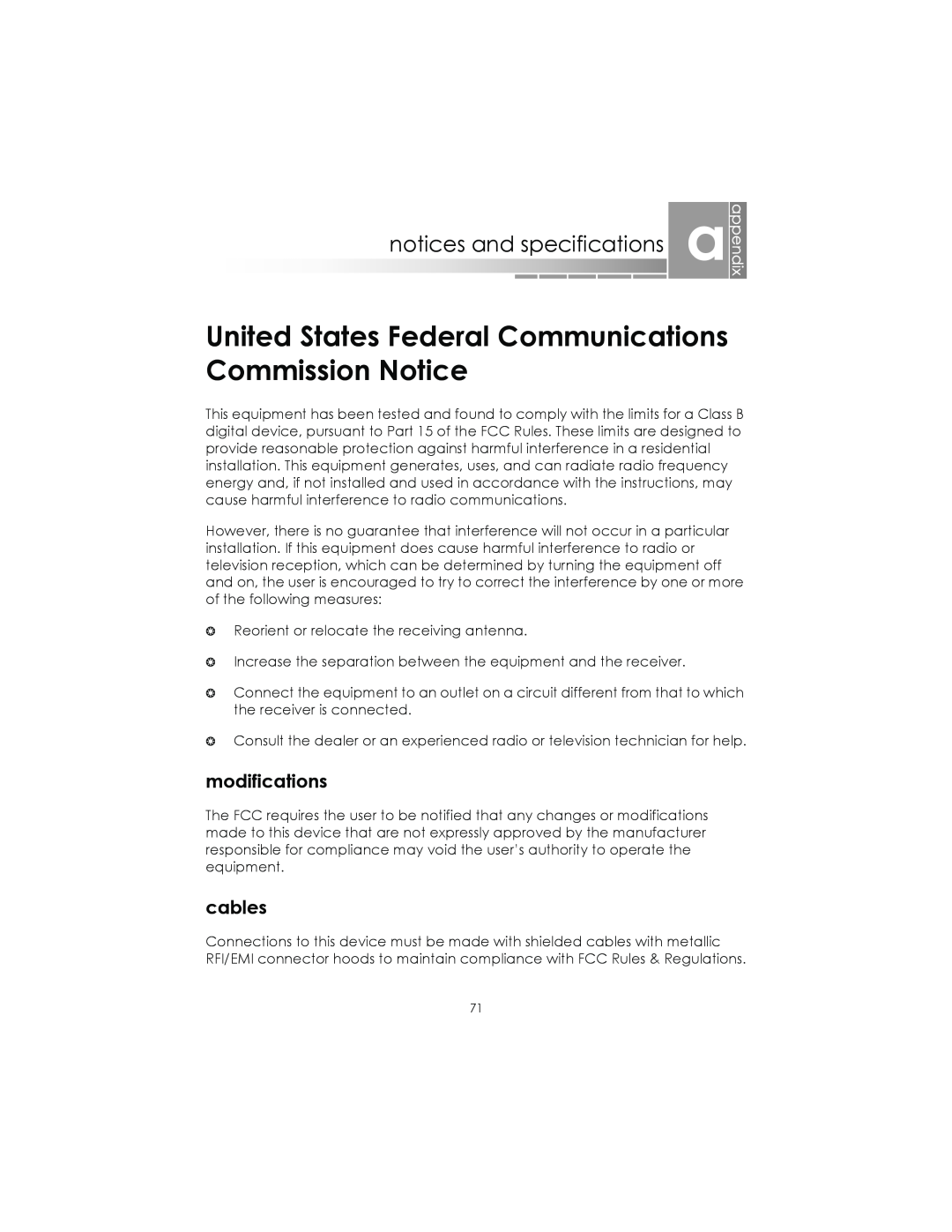 eMachines AAFW53700001K0 United States Federal Communications Commission Notice, notices and specifications a, cables 