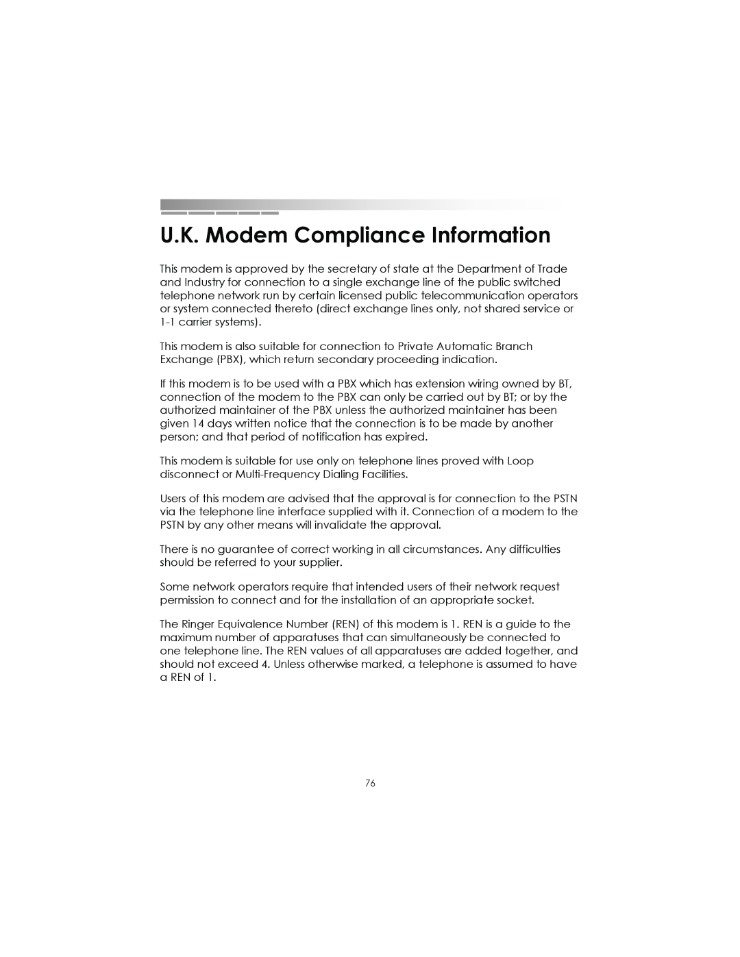 eMachines AAFW53700001K0 manual U.K. Modem Compliance Information 
