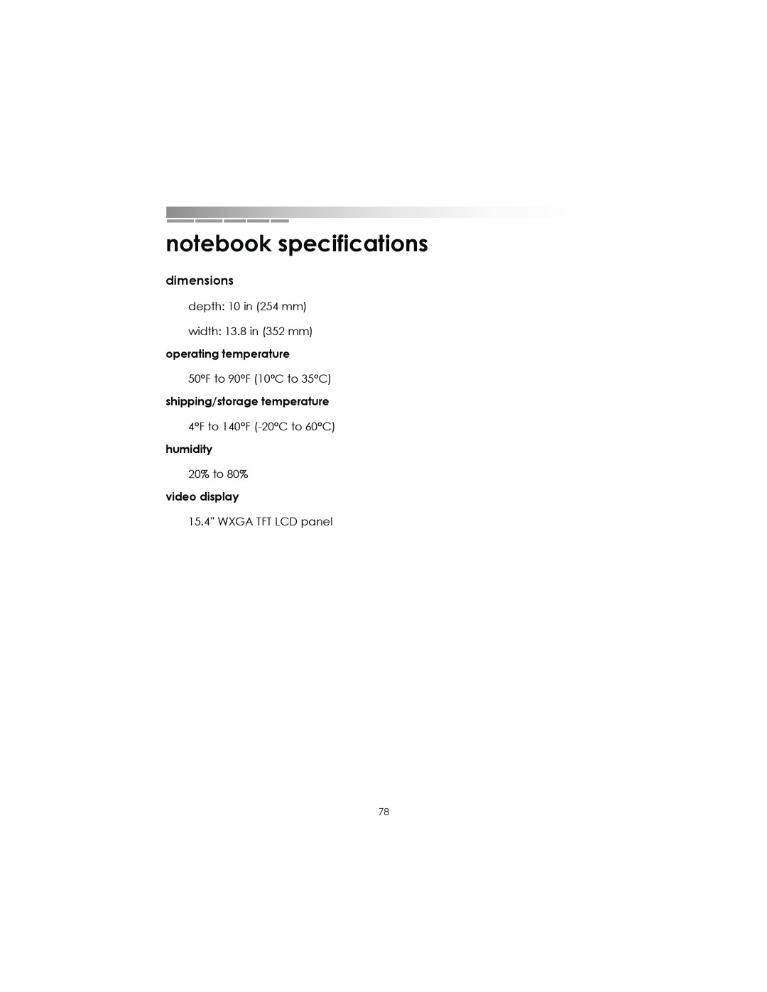 eMachines AAFW53700001K0 manual notebook specifications, dimensions 