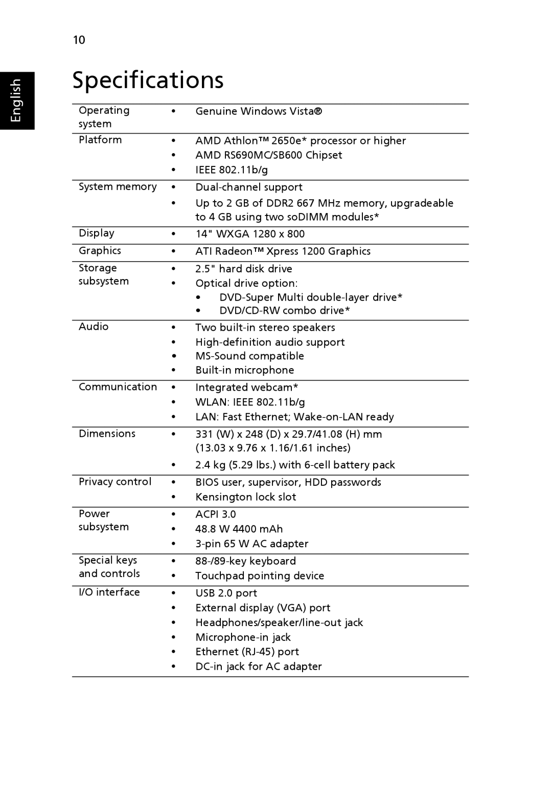 eMachines D620 manual Specifications 