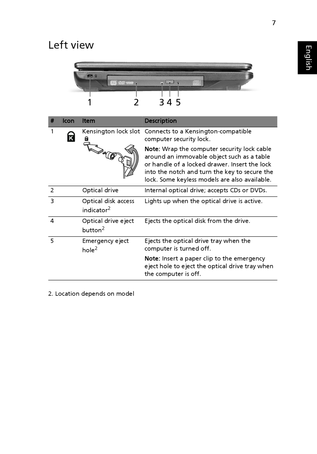 eMachines D620 manual Left view, Icon Item Description 