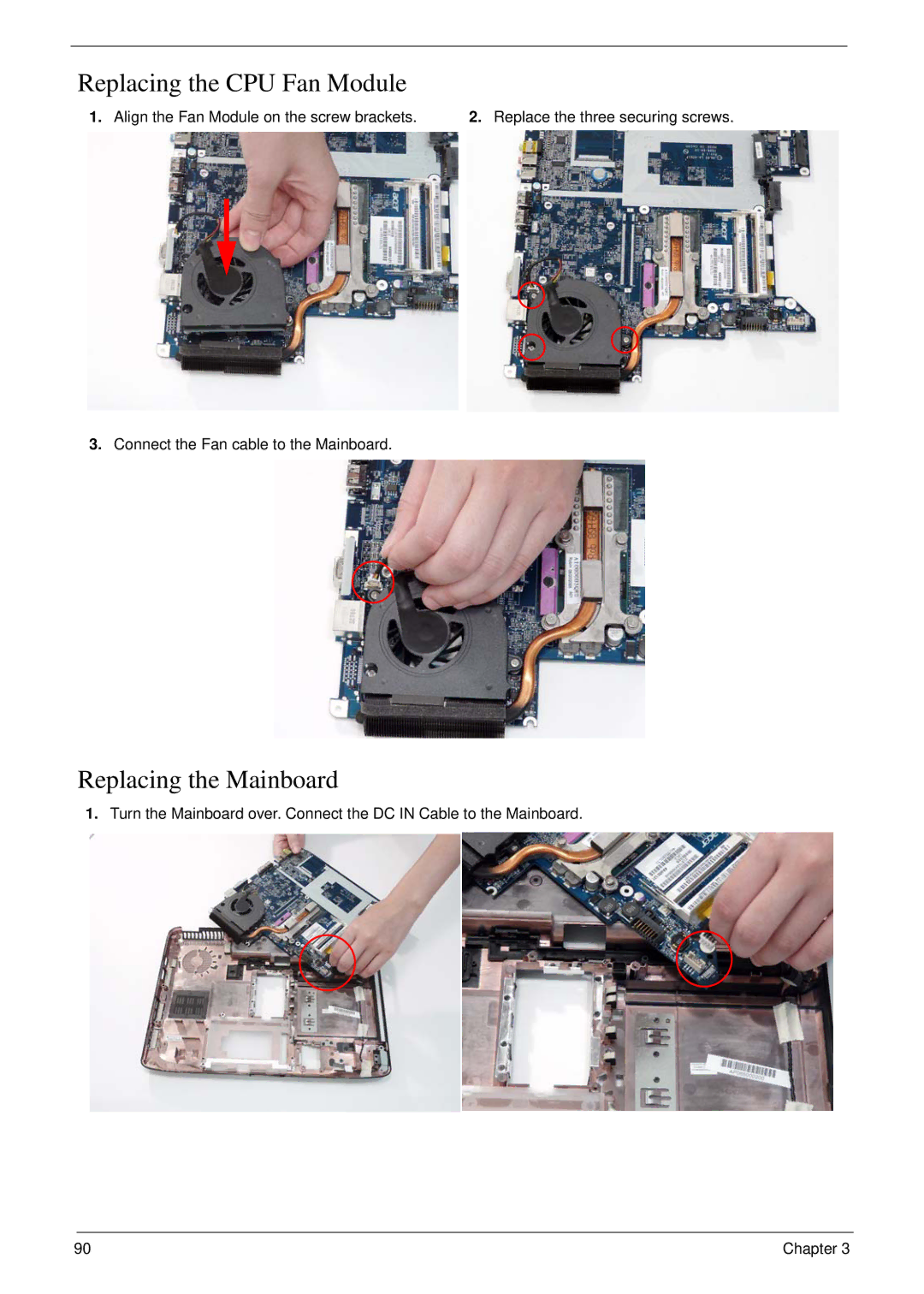 eMachines D720 manual Replacing the CPU Fan Module, Replacing the Mainboard, Align the Fan Module on the screw brackets 