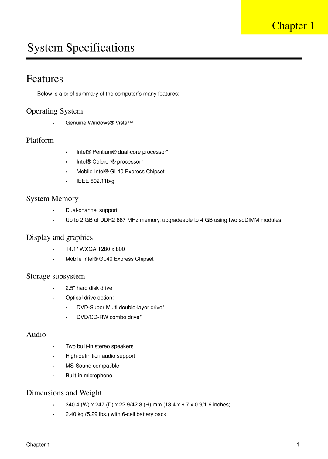 eMachines D720 manual Chapter, Features 