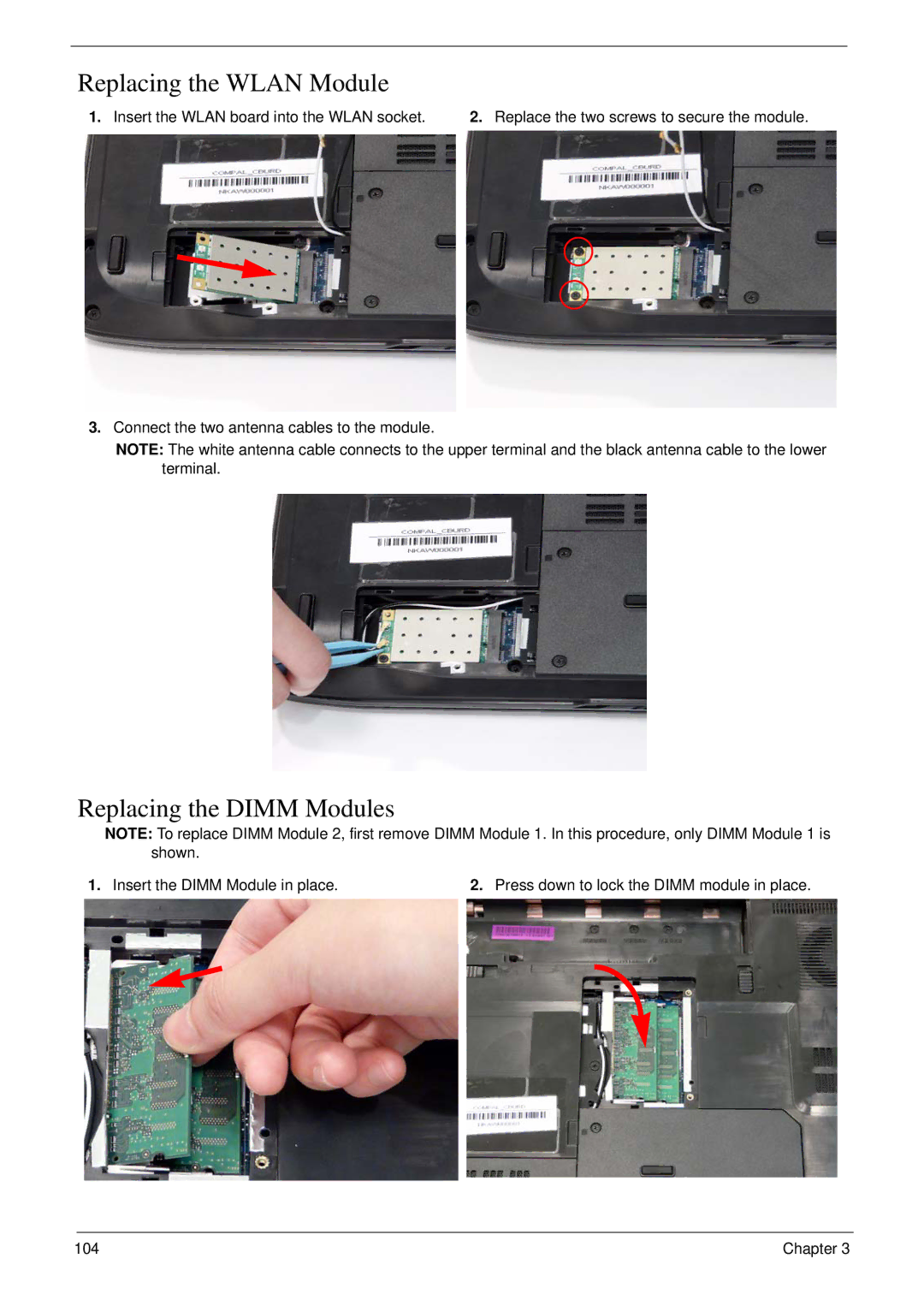 eMachines D720 manual Replacing the Wlan Module, Replacing the Dimm Modules, Insert the Wlan board into the Wlan socket 