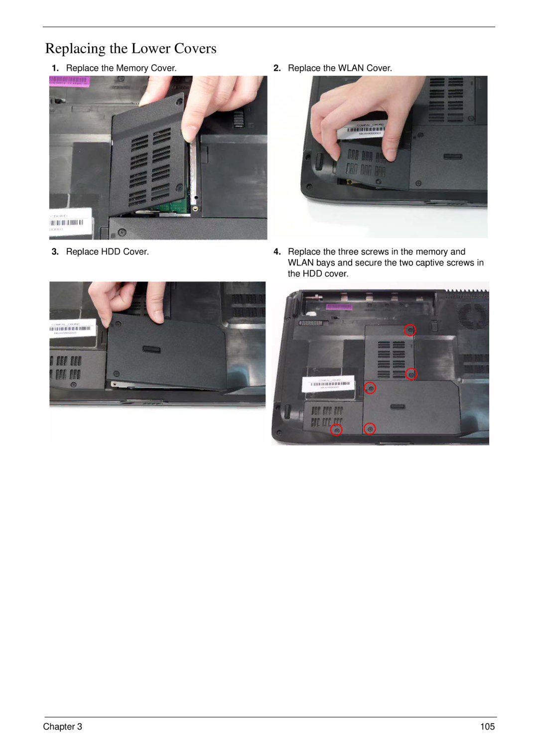 eMachines D720 manual Replacing the Lower Covers, Replace the Memory Cover Replace the Wlan Cover 