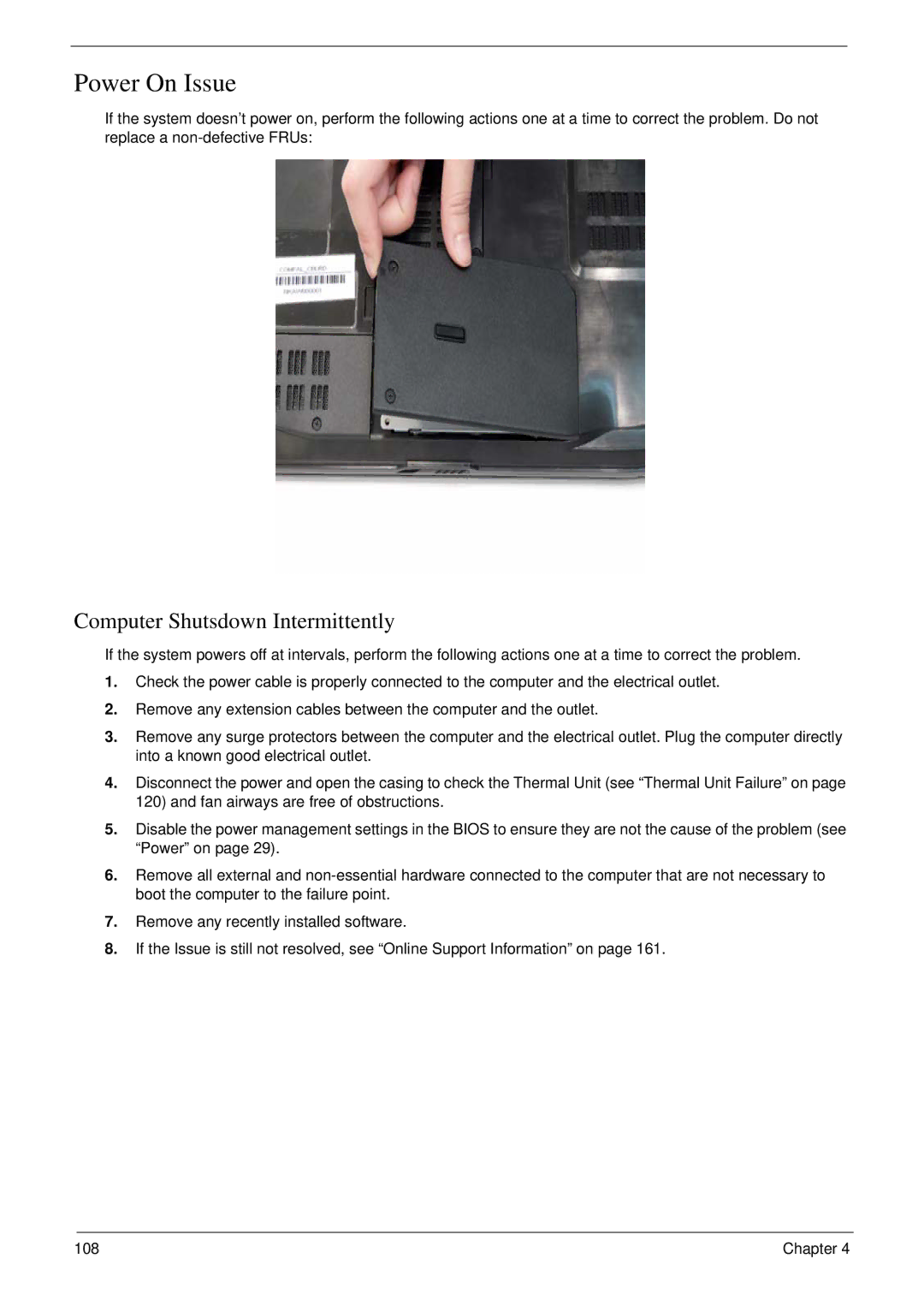 eMachines D720 manual Power On Issue, Computer Shutsdown Intermittently 