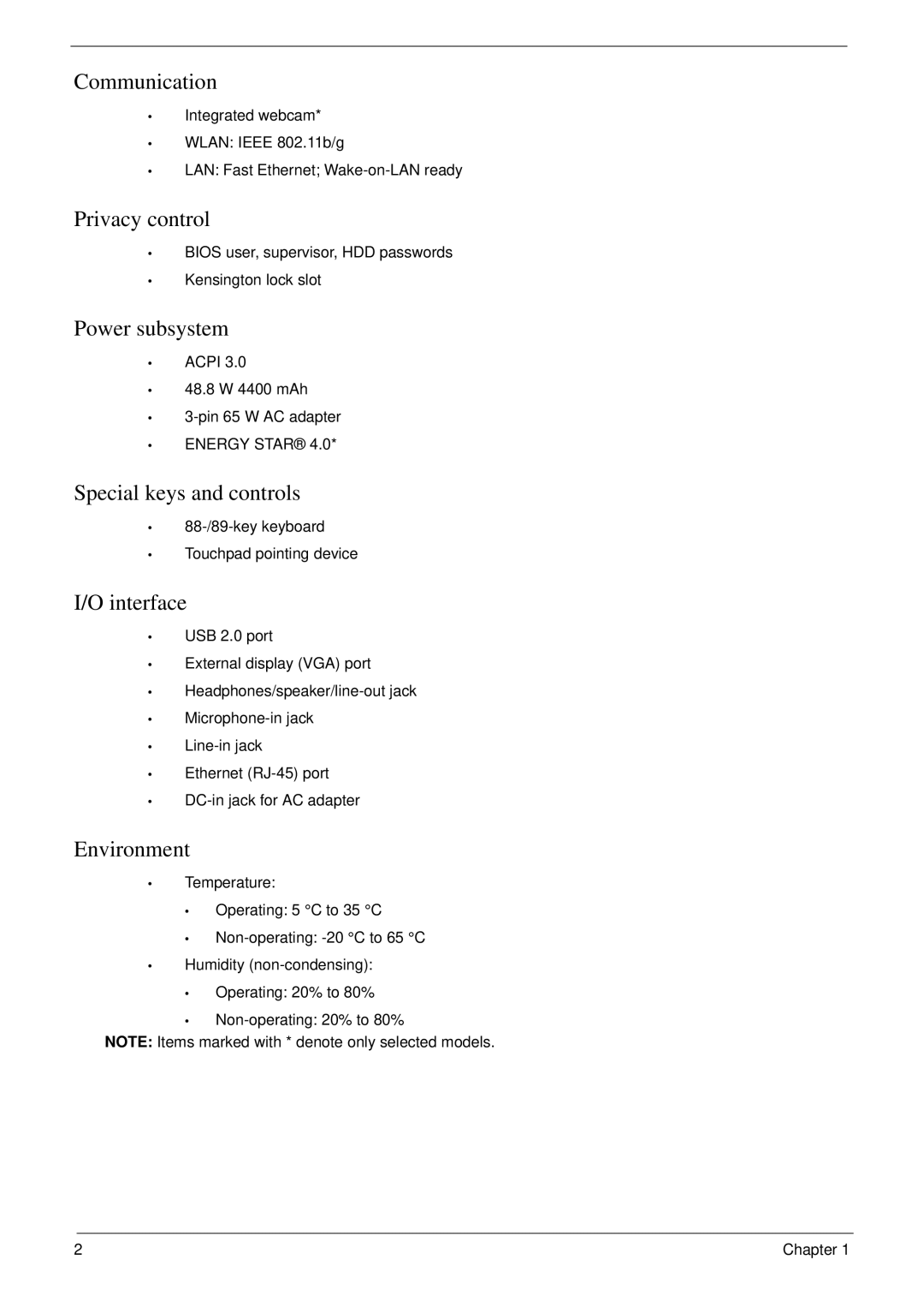 eMachines D720 manual Communication, Privacy control, Power subsystem, Special keys and controls, Interface, Environment 