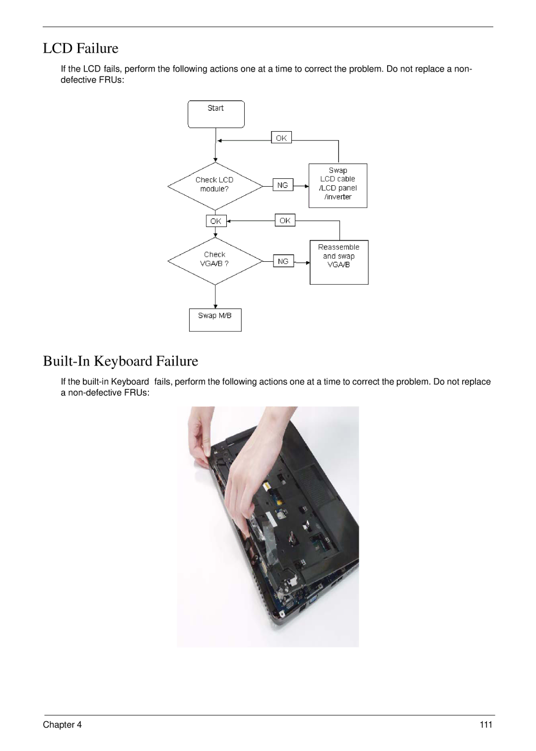 eMachines D720 manual LCD Failure, Built-In Keyboard Failure 