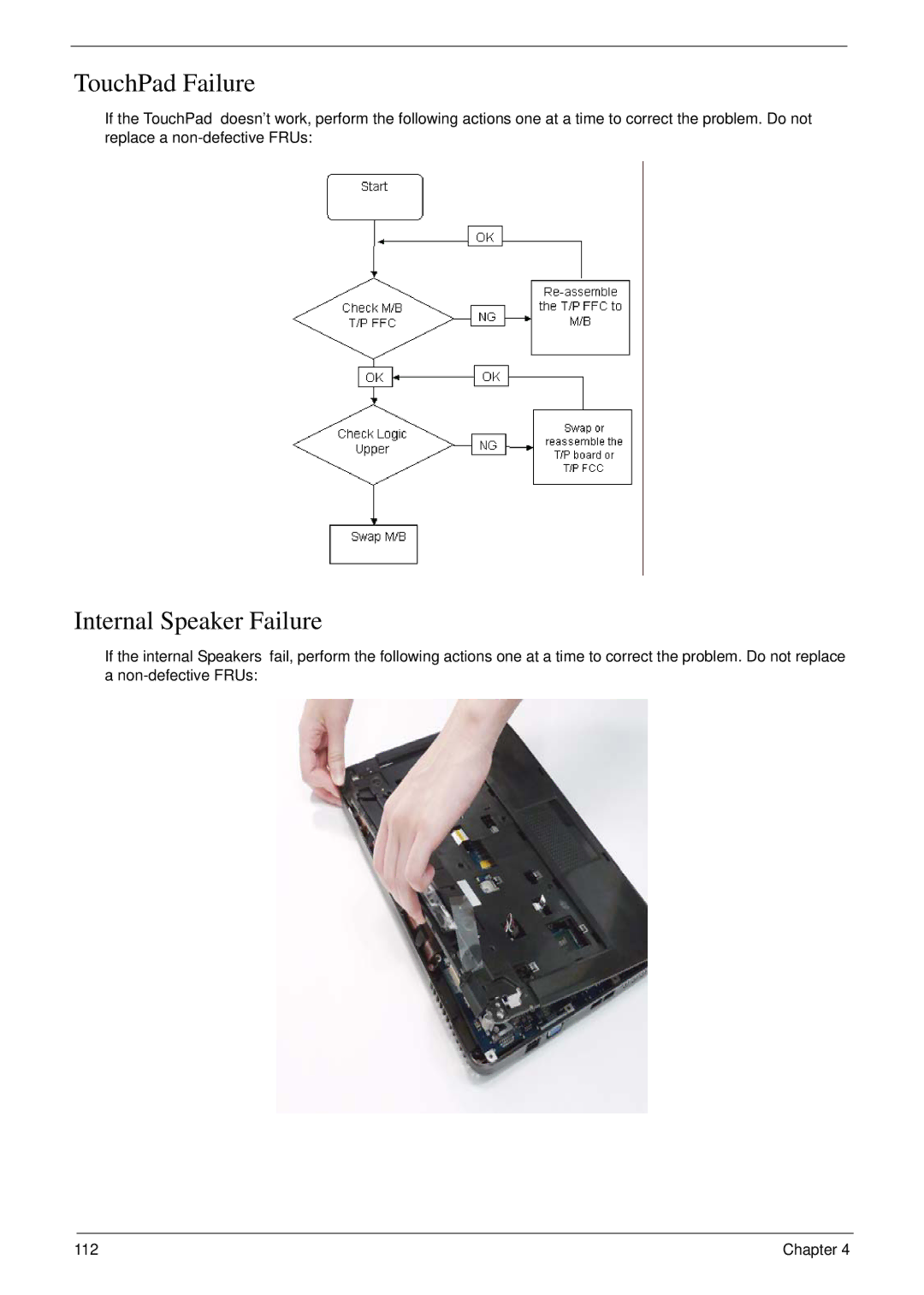 eMachines D720 manual TouchPad Failure, Internal Speaker Failure 