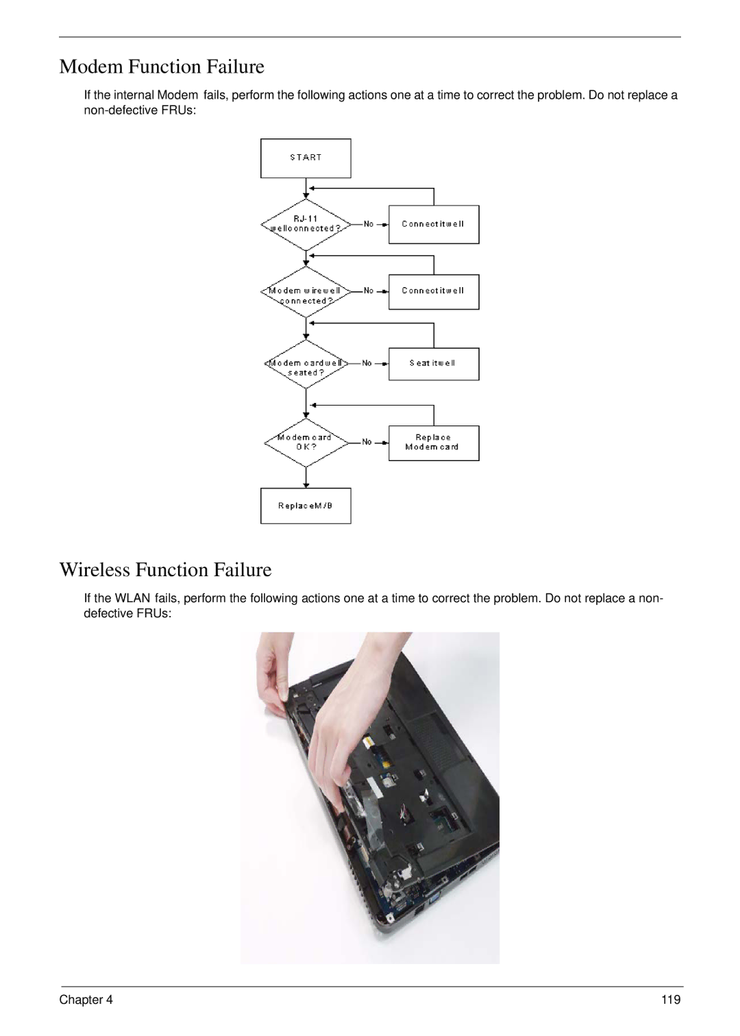 eMachines D720 manual Modem Function Failure, Wireless Function Failure 