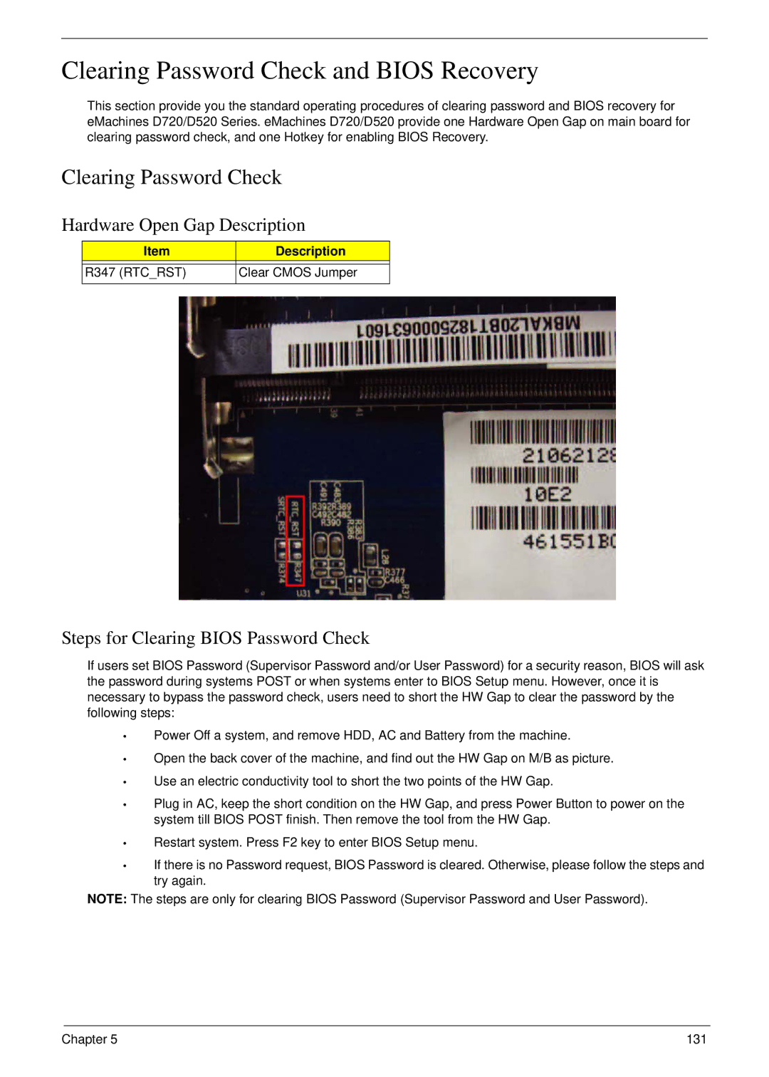 eMachines D720 Clearing Password Check and Bios Recovery, Hardware Open Gap Description, R347 Rtcrst Clear Cmos Jumper 