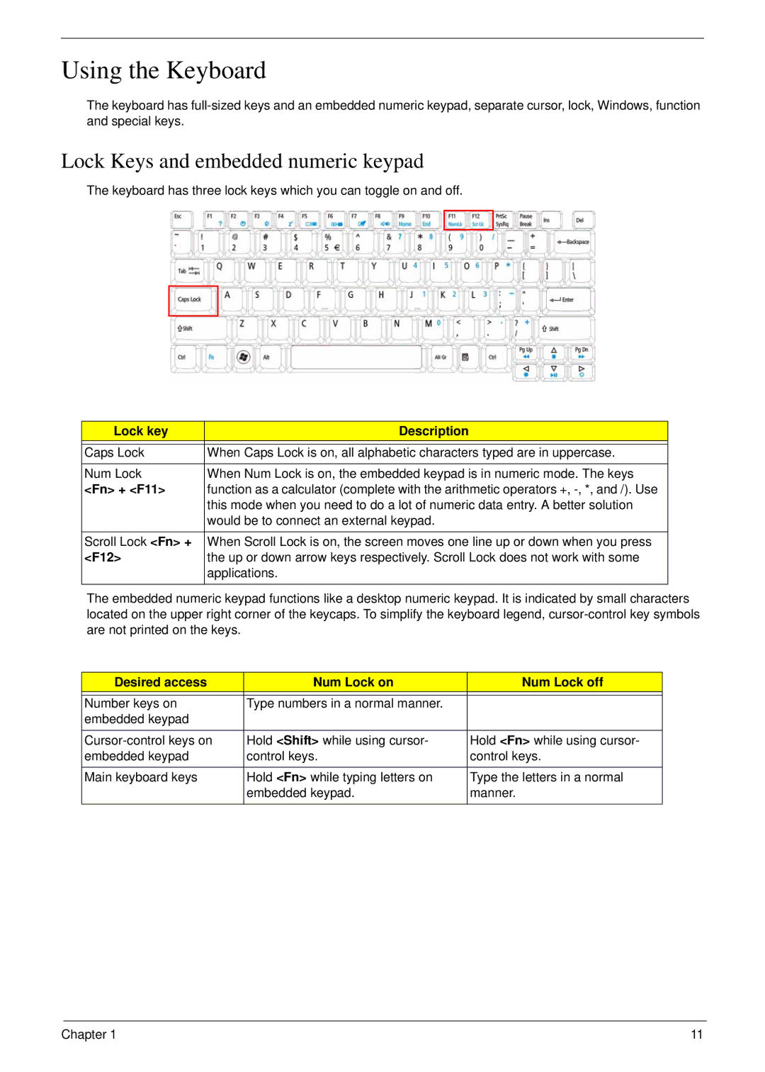 eMachines D720 manual Using the Keyboard, Lock Keys and embedded numeric keypad 