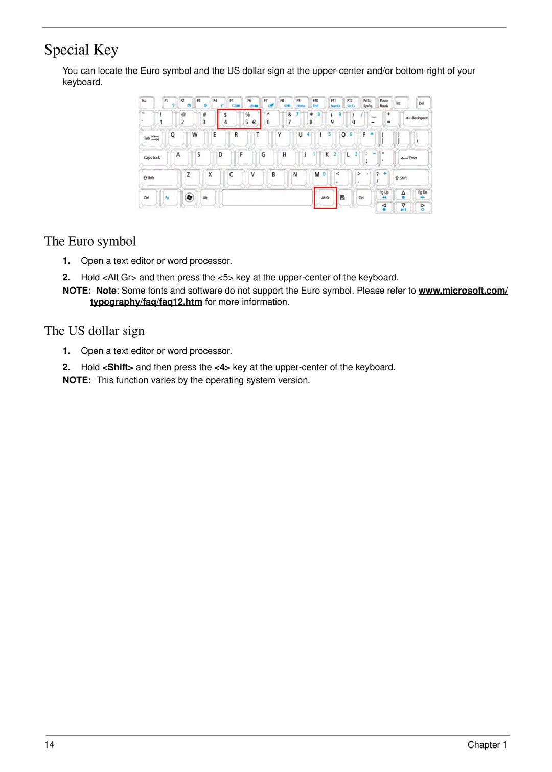 eMachines D720 manual Special Key, Euro symbol, US dollar sign 