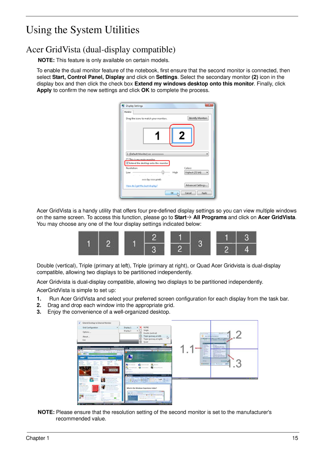 eMachines D720 manual Using the System Utilities, Acer GridVista dual-display compatible 