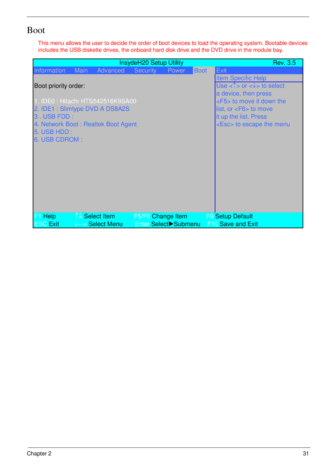 eMachines D720 manual Boot, IDE0 Hitachi HTS542516K9SA00 