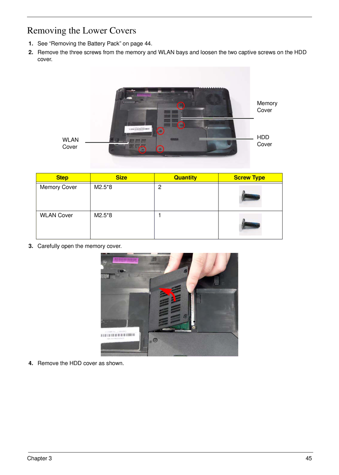 eMachines D720 manual Removing the Lower Covers, Wlan HDD, Step Size Quantity Screw Type Memory Cover M2.5*8 