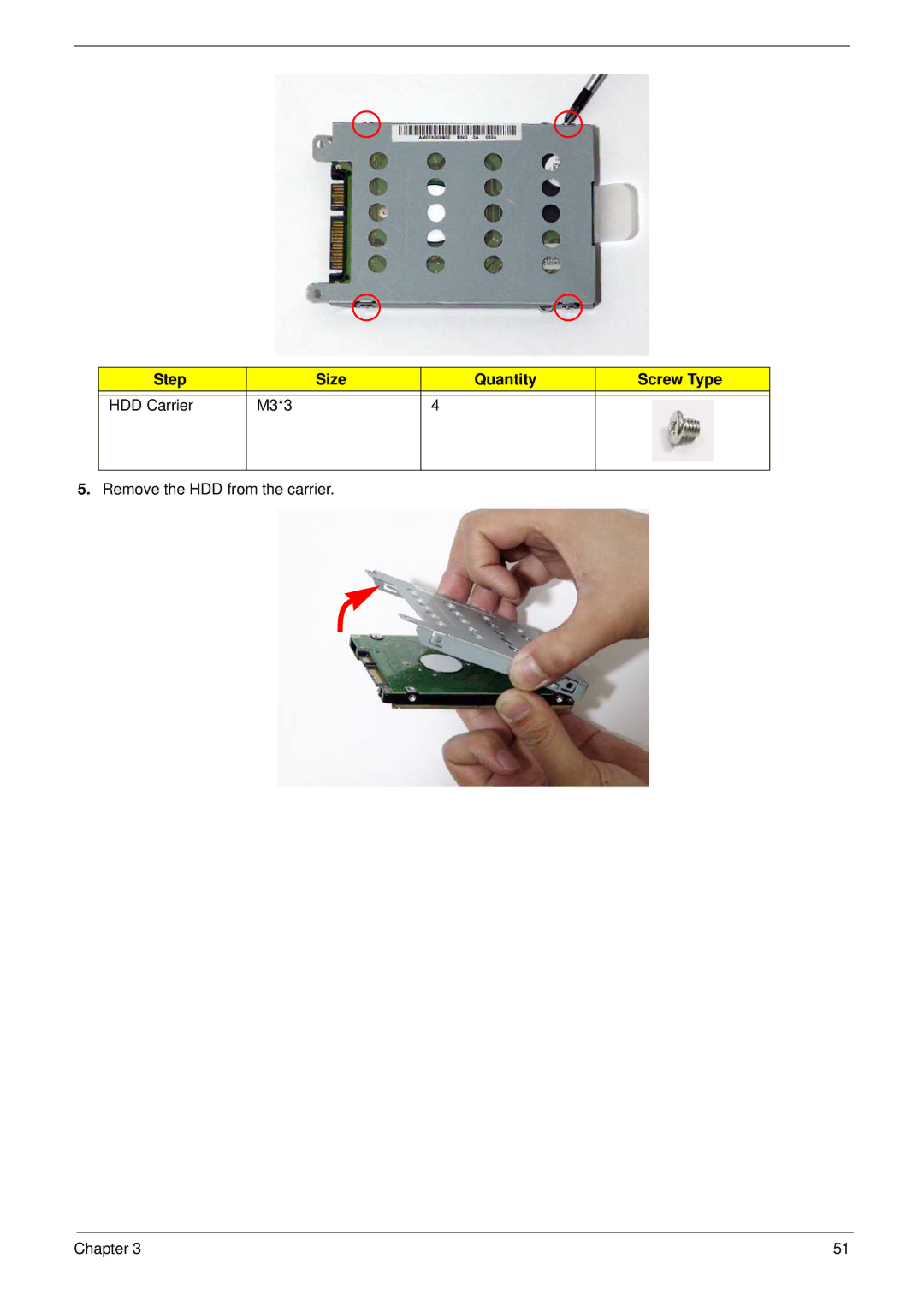 eMachines D720 manual Step Size Quantity Screw Type HDD Carrier M3*3 