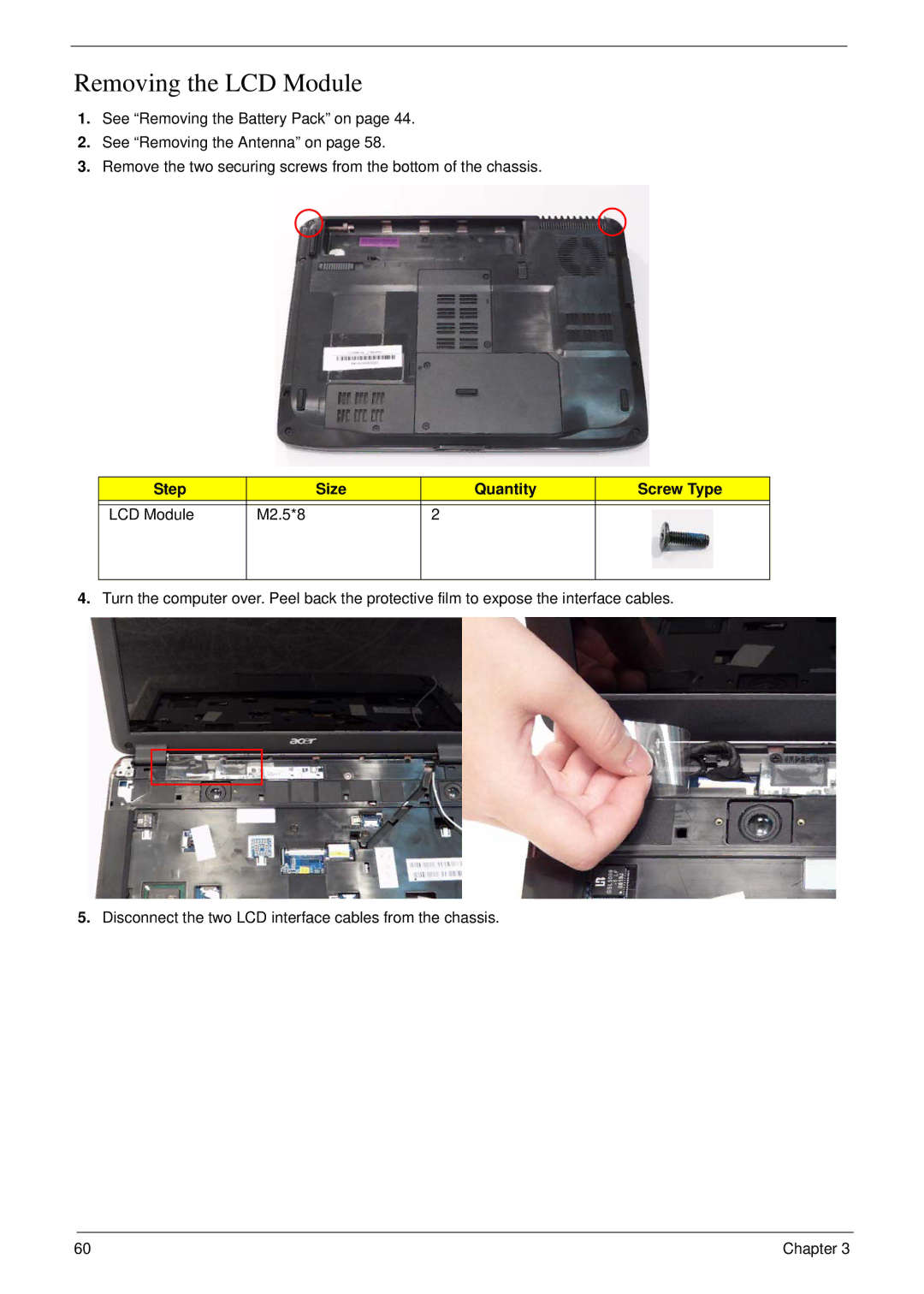 eMachines D720 manual Removing the LCD Module, Step Size Quantity Screw Type LCD Module M2.5*8 