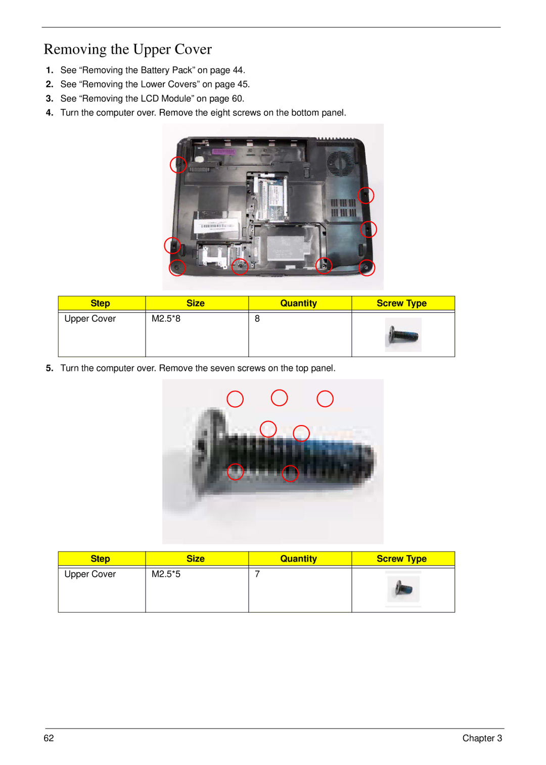 eMachines D720 manual Removing the Upper Cover, Step Size Quantity Screw Type Upper Cover M2.5*8 