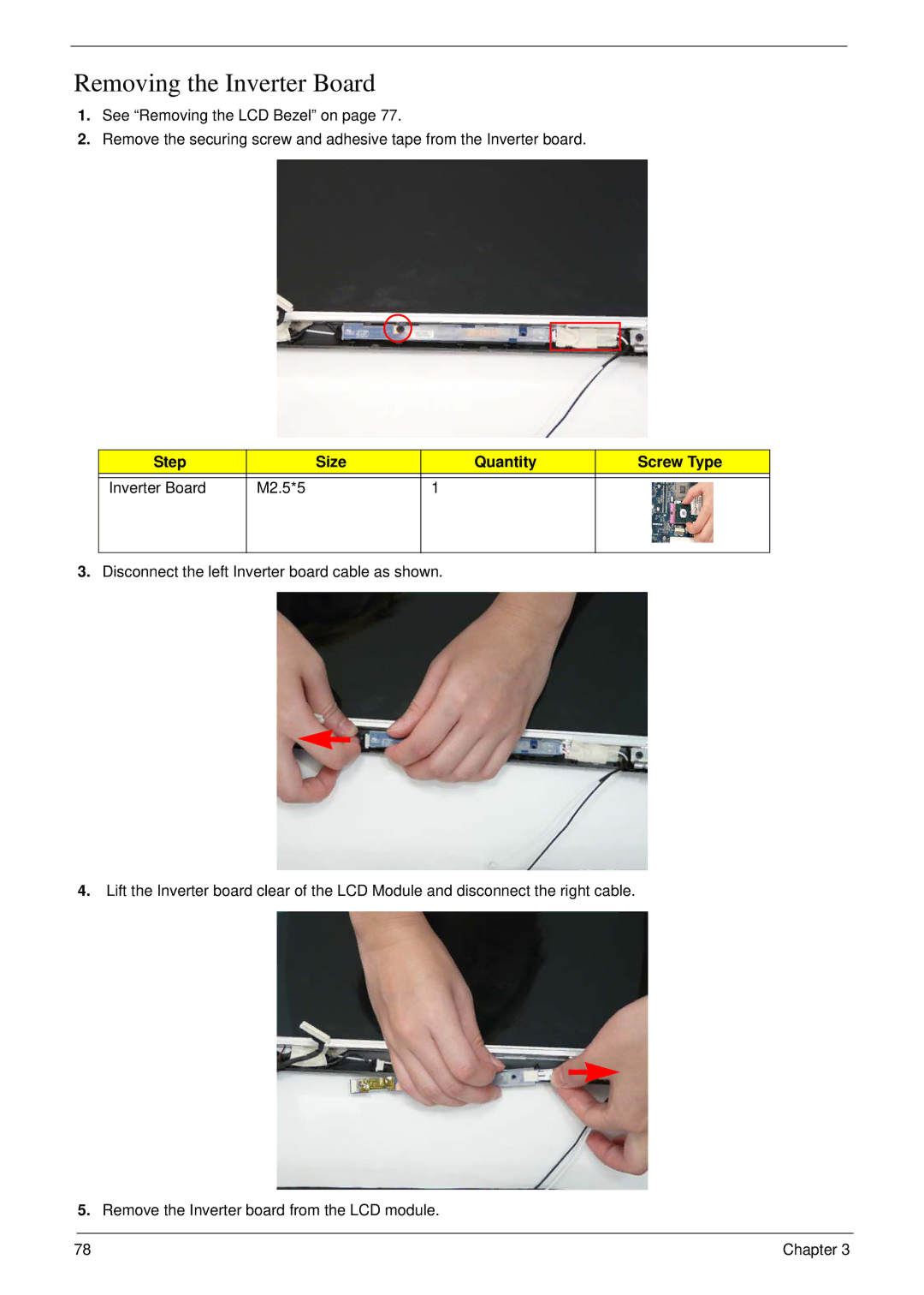 eMachines D720 manual Removing the Inverter Board, Step Size Quantity Screw Type Inverter Board M2.5*5 